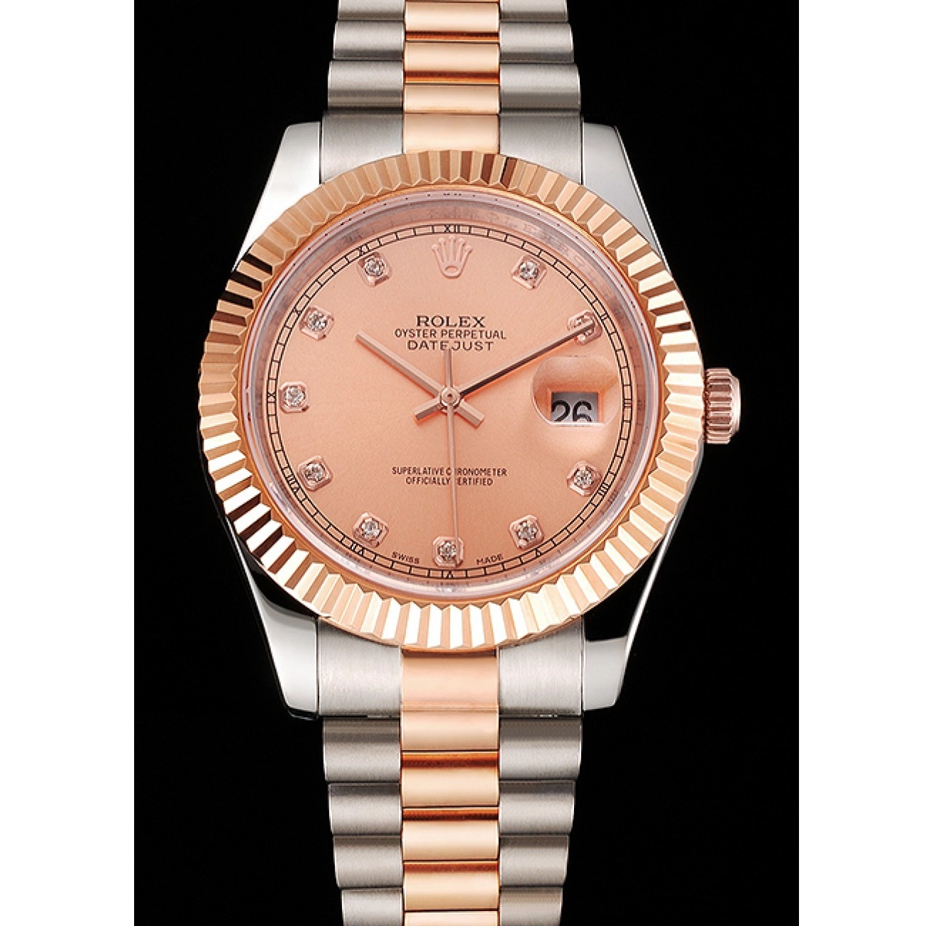 Good copy rolex watches Rolex Tone Gold Steel Bezel Stainless Dial Rose Swiss Case And Two Bracelet Datejust 0522